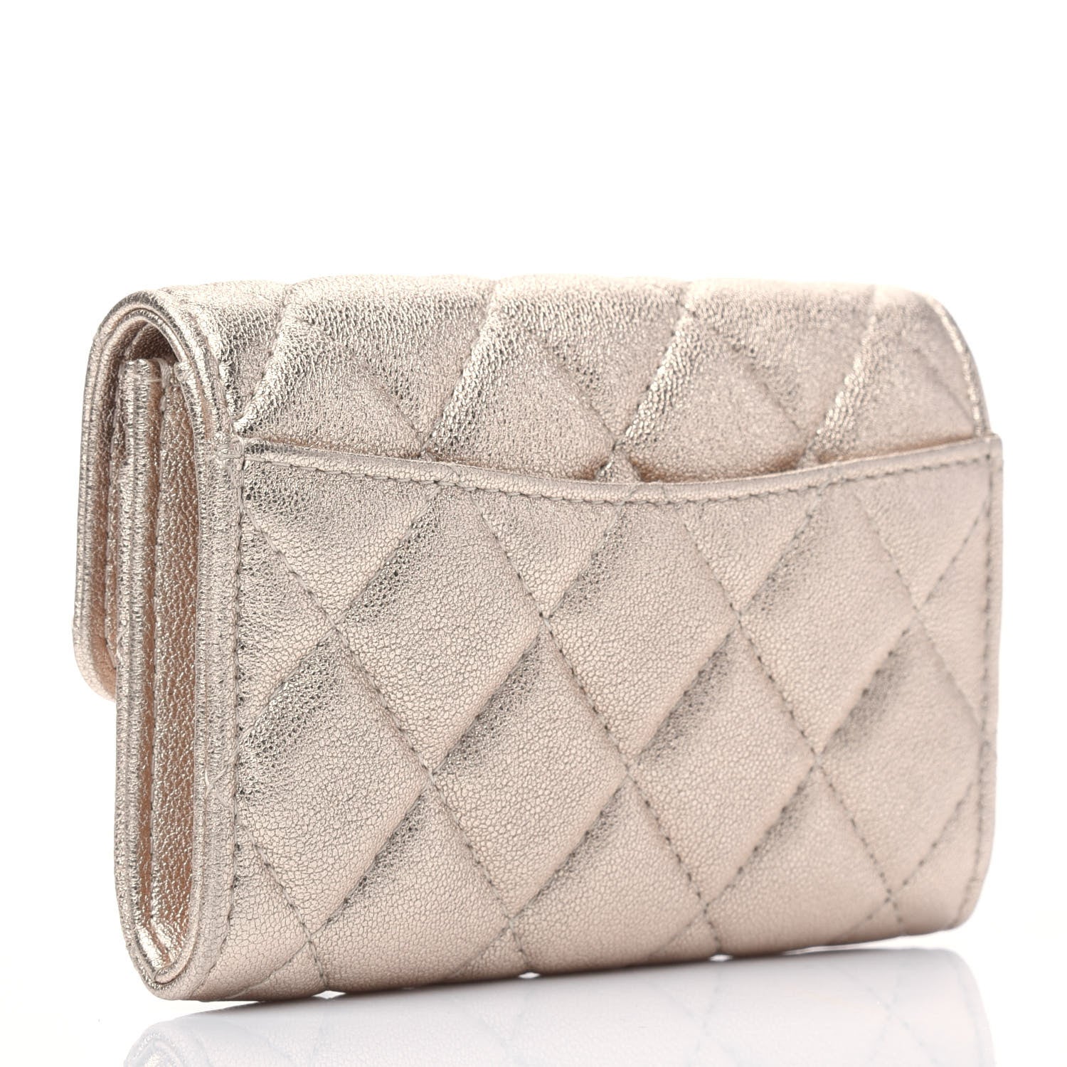 Chanel Metallic Lambskin Quilted Flap Card Holder Wallet Gold 3 of 10