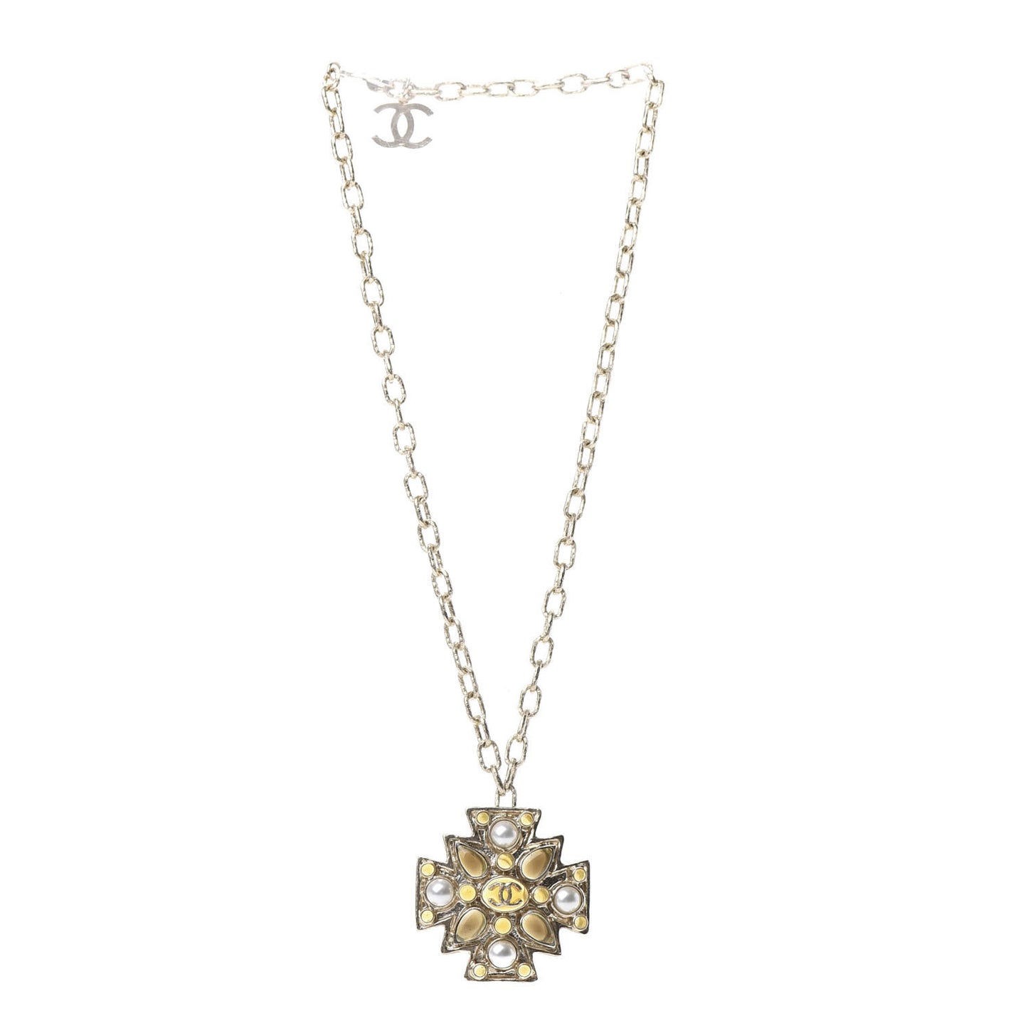 Poured Glass Pearl CC Pendant Necklace in Gold Pearly White