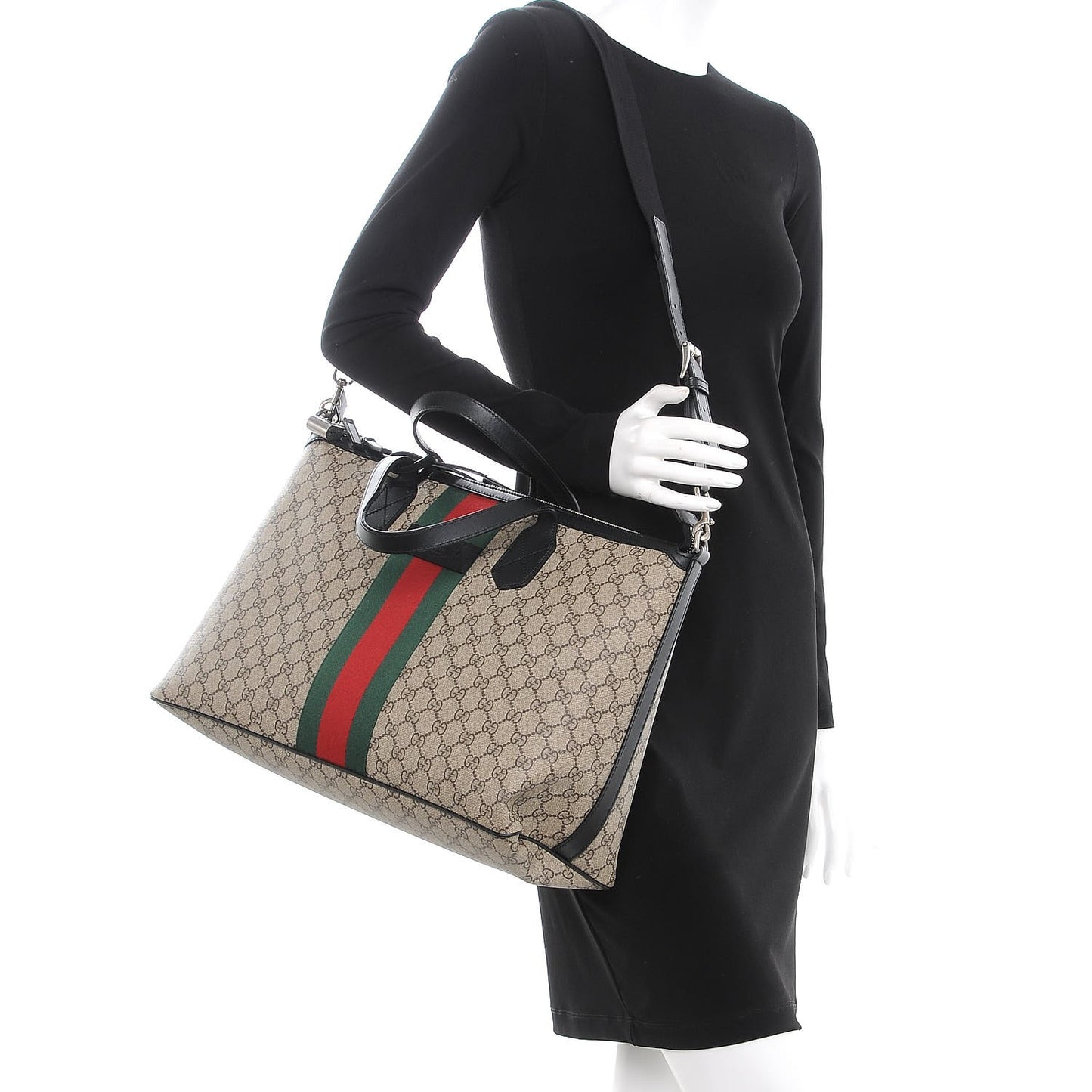 GG Supreme Monogram Web Medium Zippered Tote Beige Black