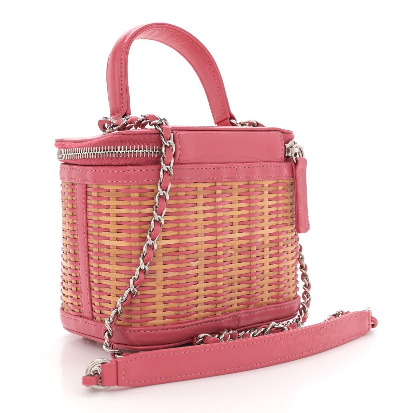 Calfskin Raffia Small Take Away Vanity Case Bag Pink Beige