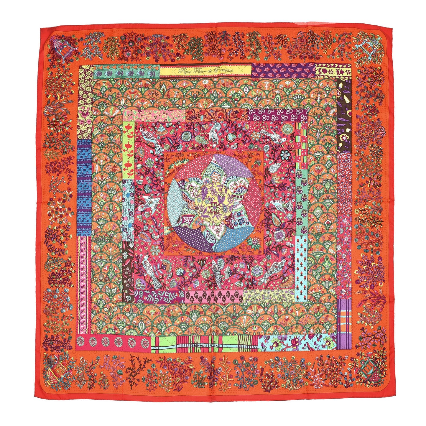 Cashmere Silk Pique Fleuri de Provence Shawl 140 Rouge Orange Turquiose
