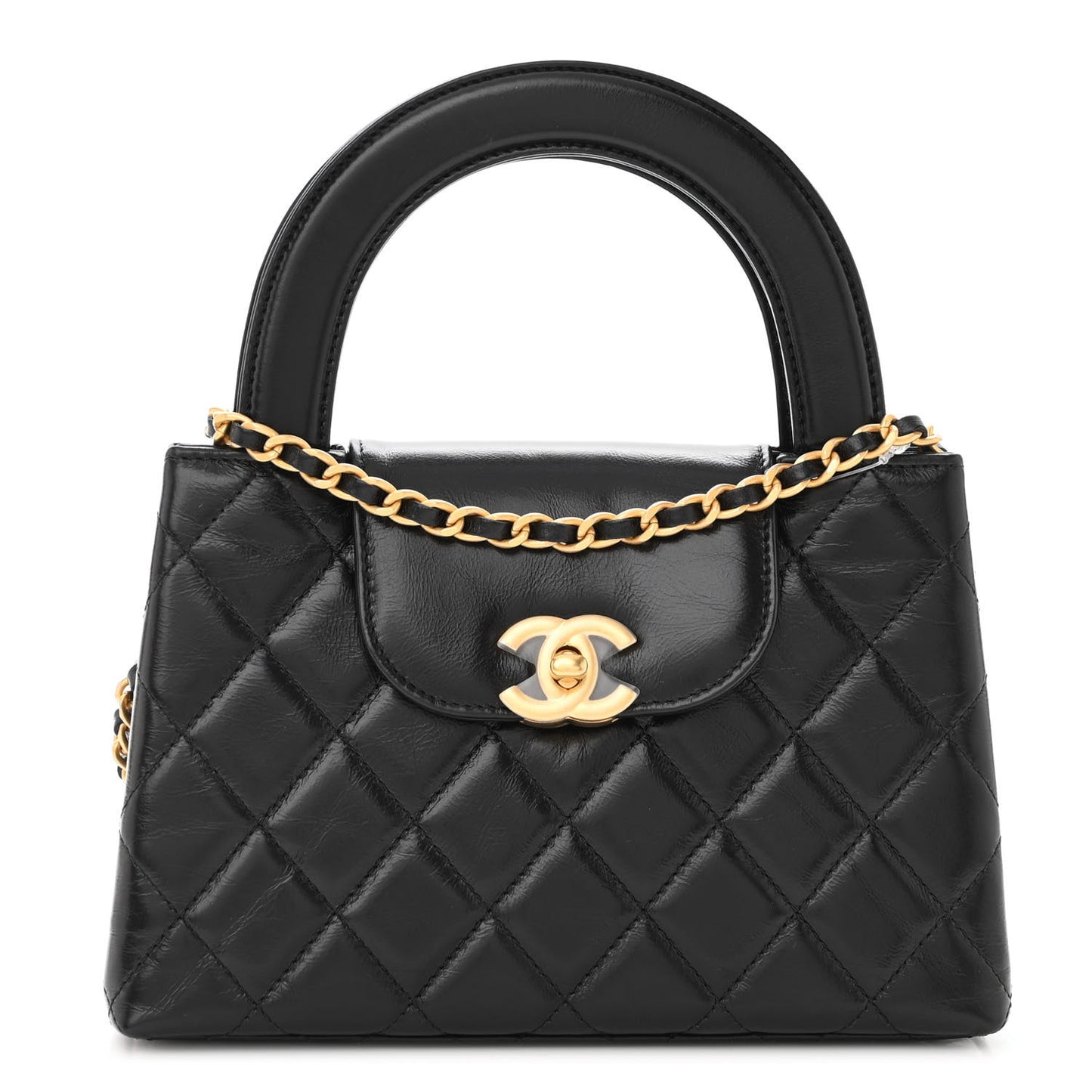 Shiny Aged Calfskin Quilted Nano Kelly Shopper Black