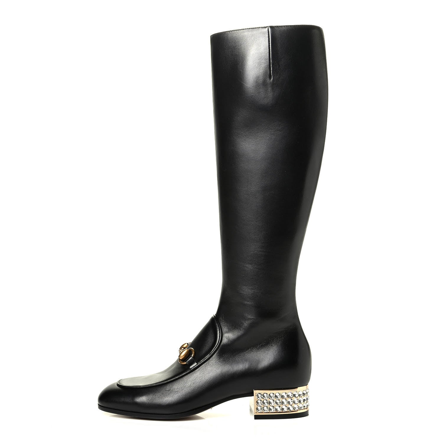 Gucci Calfskin Knee High Horsebit Crystal Heel Boots 35 Black 1 of 6