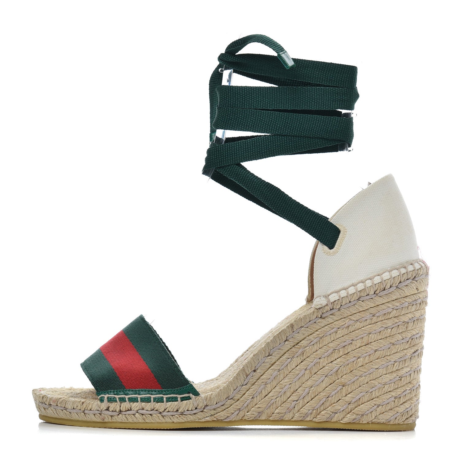 Gucci Canvas Malaga Kid Web Ankle Wrap Espadrille Wedge Sandals 40 Green Red Mystic White Emerald 1 of 19