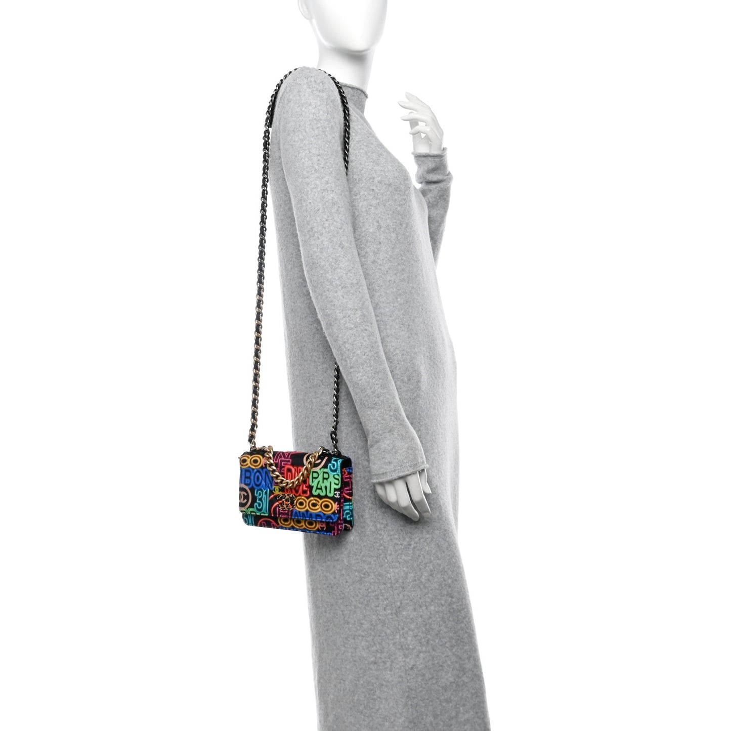 Fabric Printed Chanel 19 Wallet On Chain WOC Black Multicolor