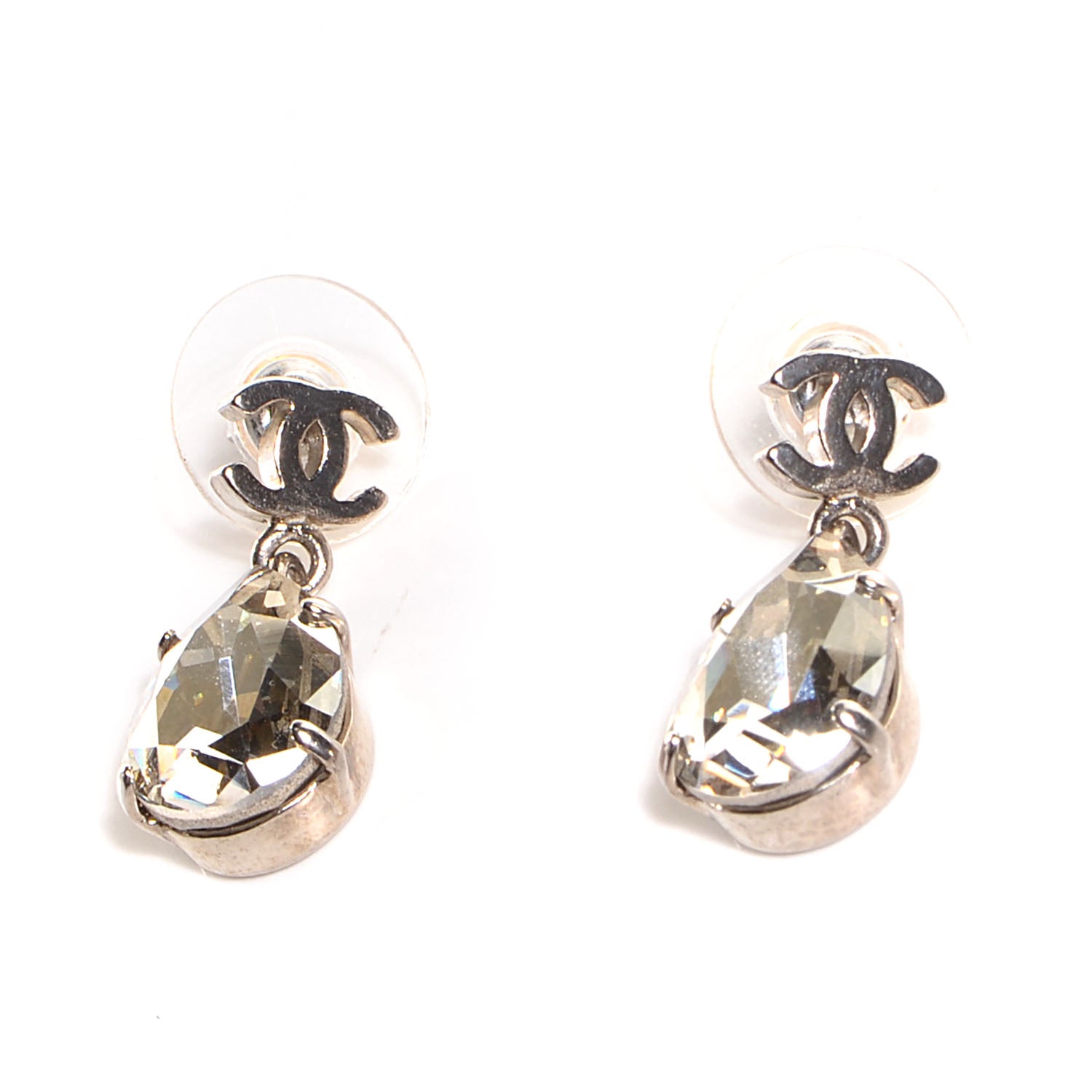 Chanel CC Crystal Teardrop Dangle Earrings Silver 1 of 4