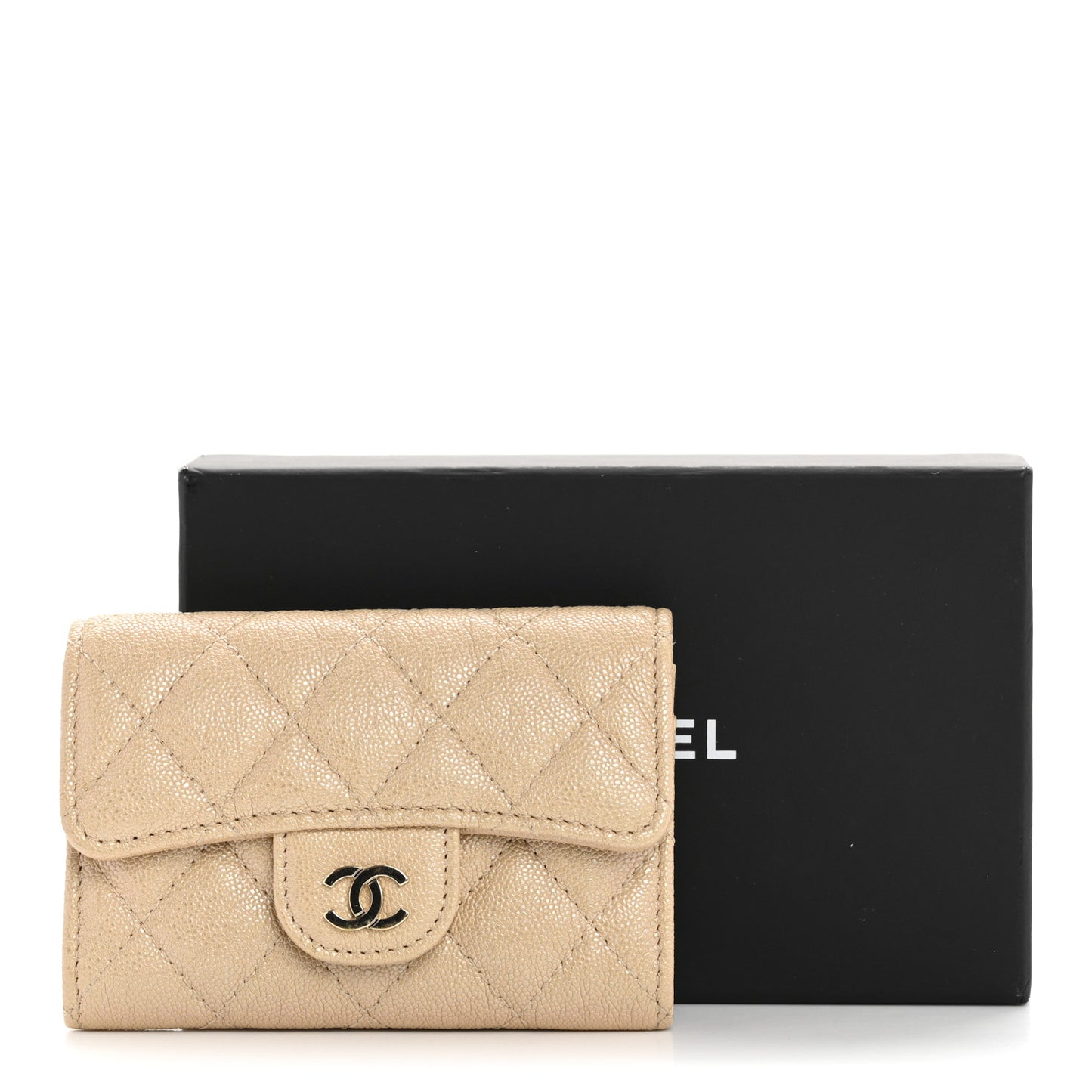Iridescent Caviar Quilted Flap Card Holder Beige