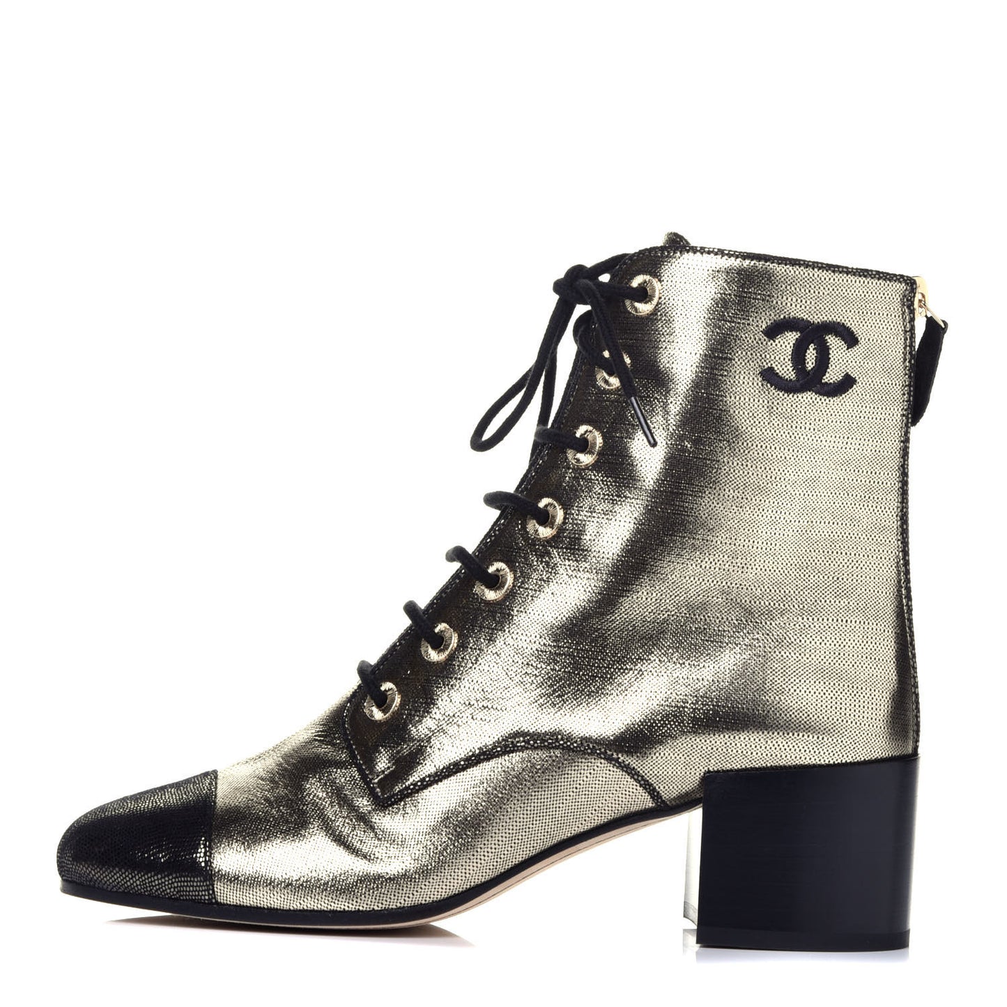 Laminated Calfskin CC Lace Up Short Boots 38.5 Gold Silver