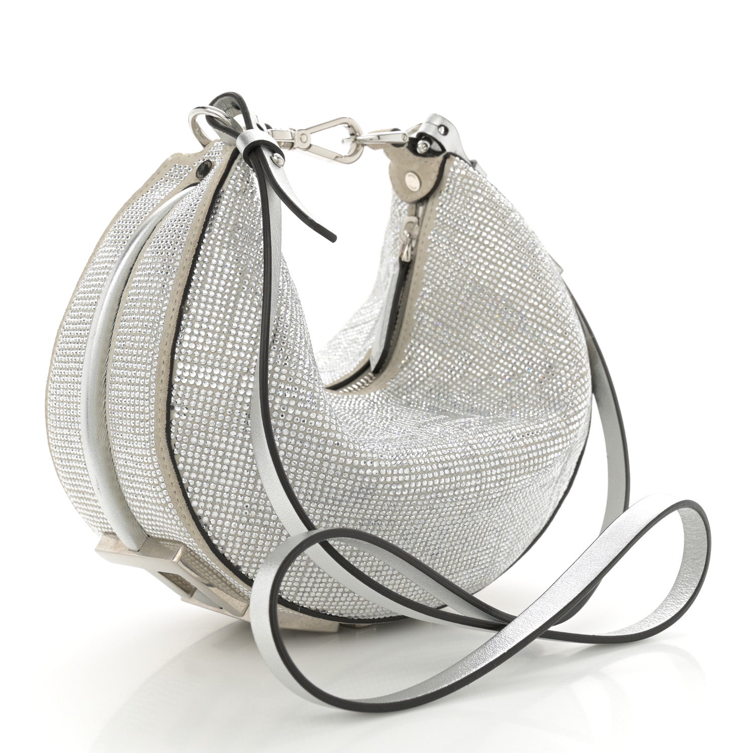 FENDI メッシュデザイン シルバーショルダーバッグ Fendi Crystal Vitello Laminato Suede FF Mini Fendigraphy Hobo Bag