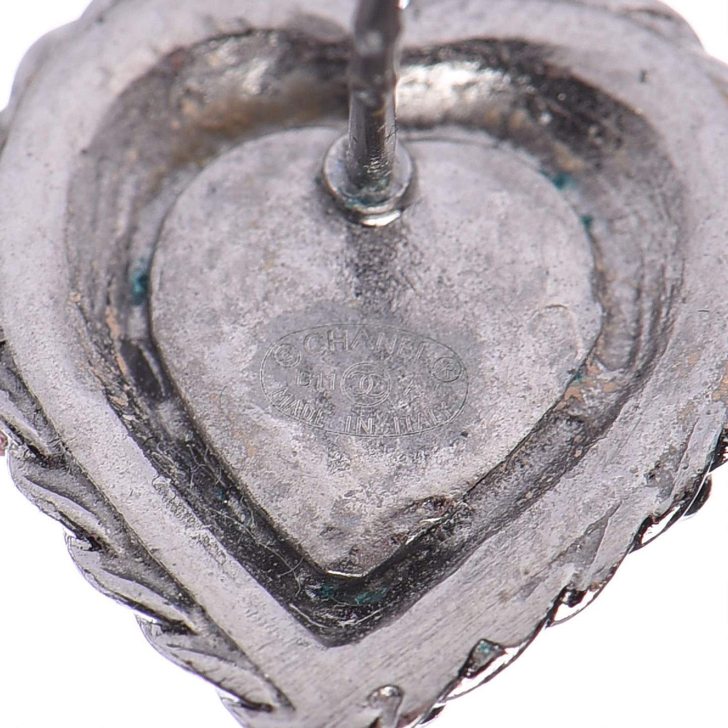 Pearl Enamel Heart CC Earrings Black Silver