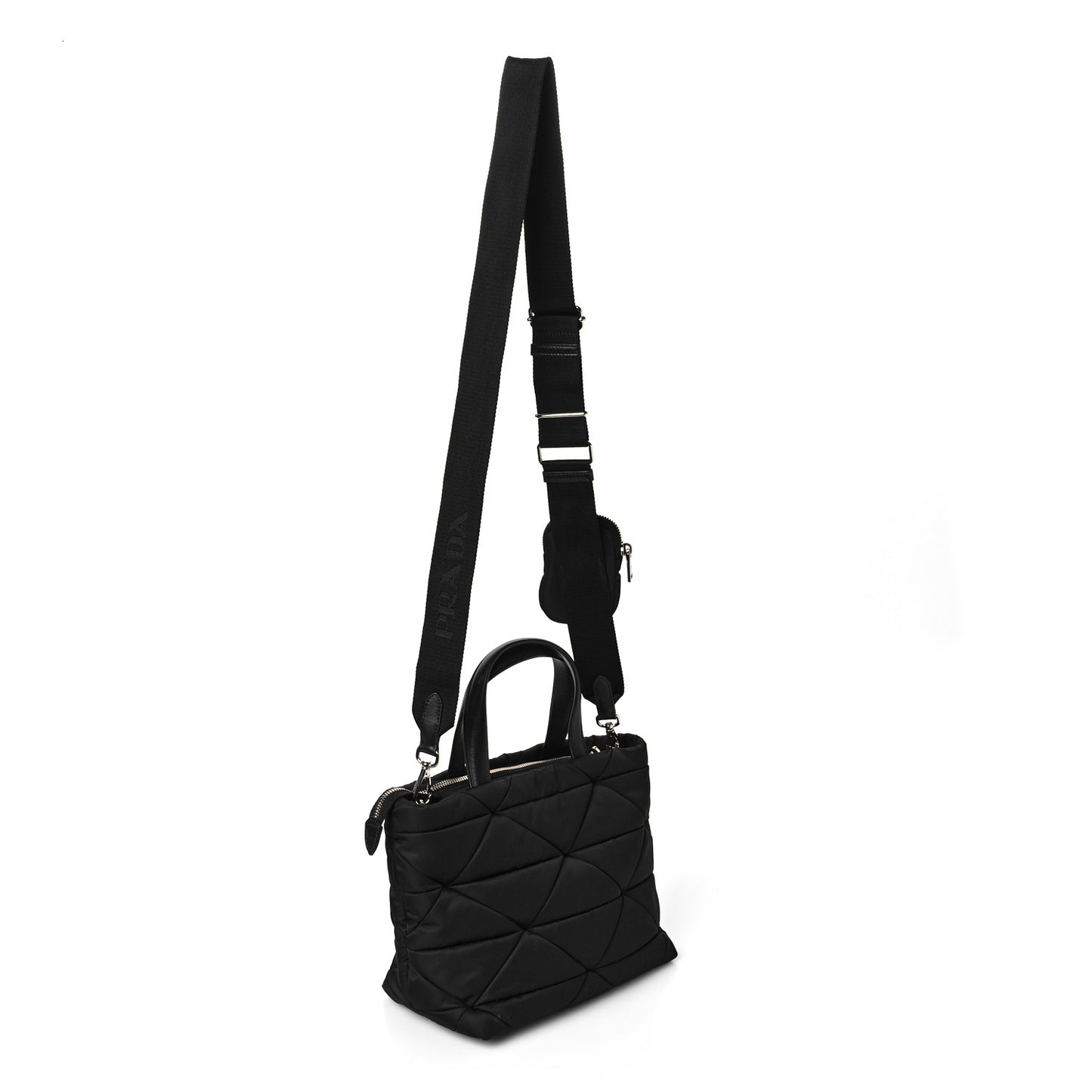 Re-Nylon Nappa Triangle Quilted Padded Double Handled Zip Pocket Tote Black