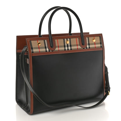 Burberry Calfskin Vintage Check Medium Two Handle Title Bag Black 3 of 9