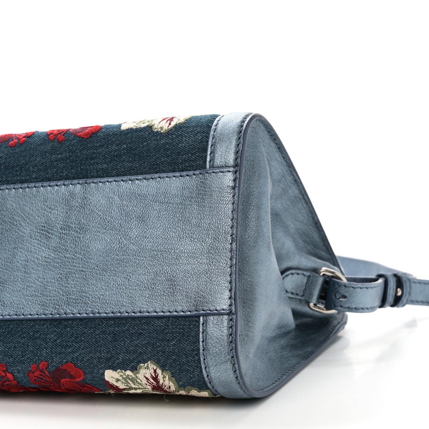 Alexander McQueen Denim Floral Embroidered Small Skull Padlock Zip Around Tote Blue Multicolor 10 of 10