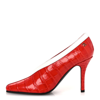 Chanel Crocodile Embossed Patent Calfskin Pumps 36.5 Coral White 1 of 11