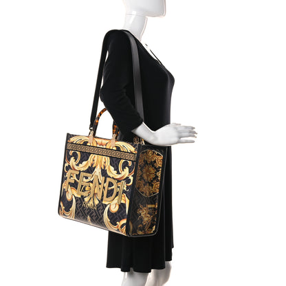 Fendi X VERSACE Calfskin Plexiglass Fendace FF Baroque Print Medium Fendi Sunshine Shopper Tote Black Gold 2 of 10