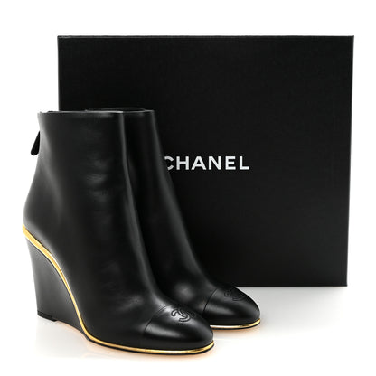 Chanel Lambskin Cap Toe Wedge Ankle Boots 38 Black 10 of 10