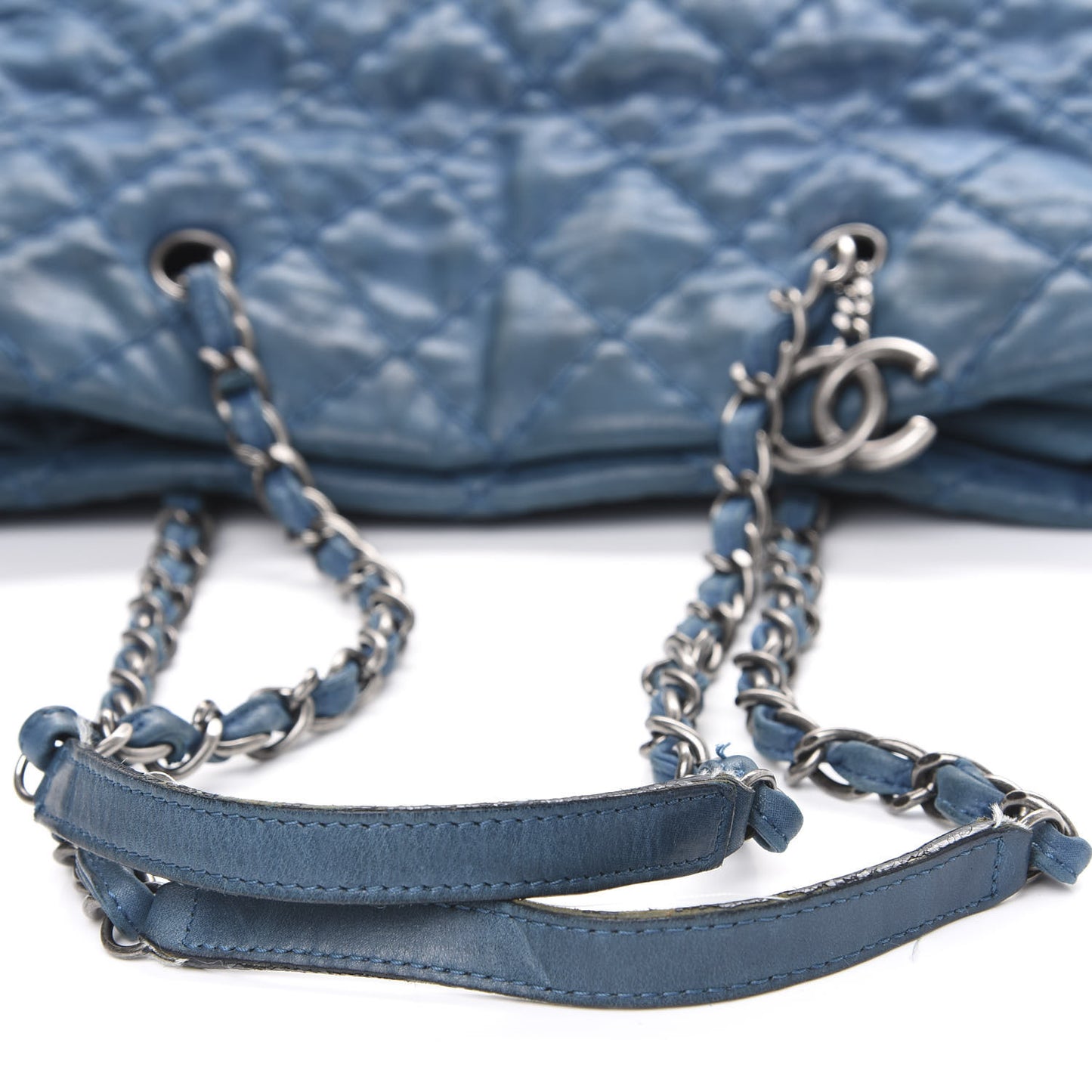 Iridescent Calfskin Quilted Shopping Tote Blue