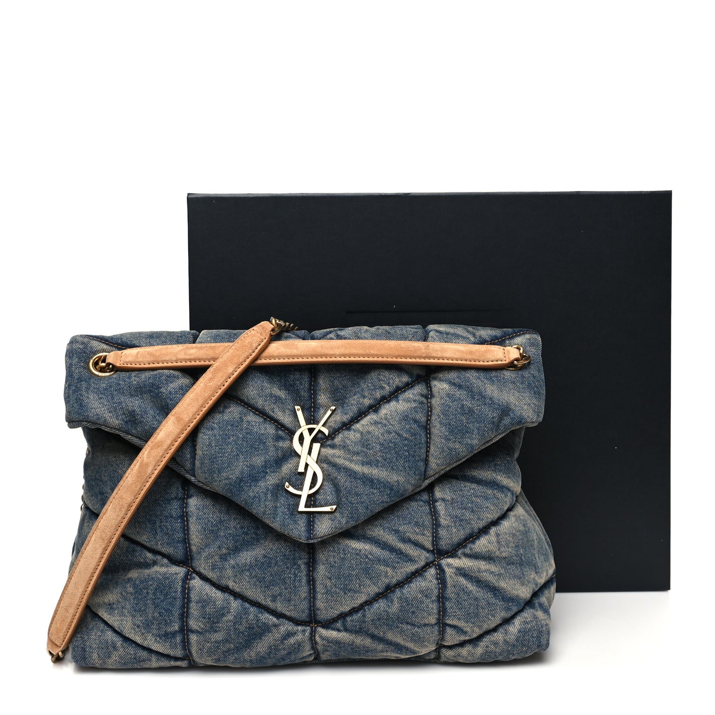 Denim Quilted Medium Loulou Puffer Monogram Chain Satchel Blue Cinnamon