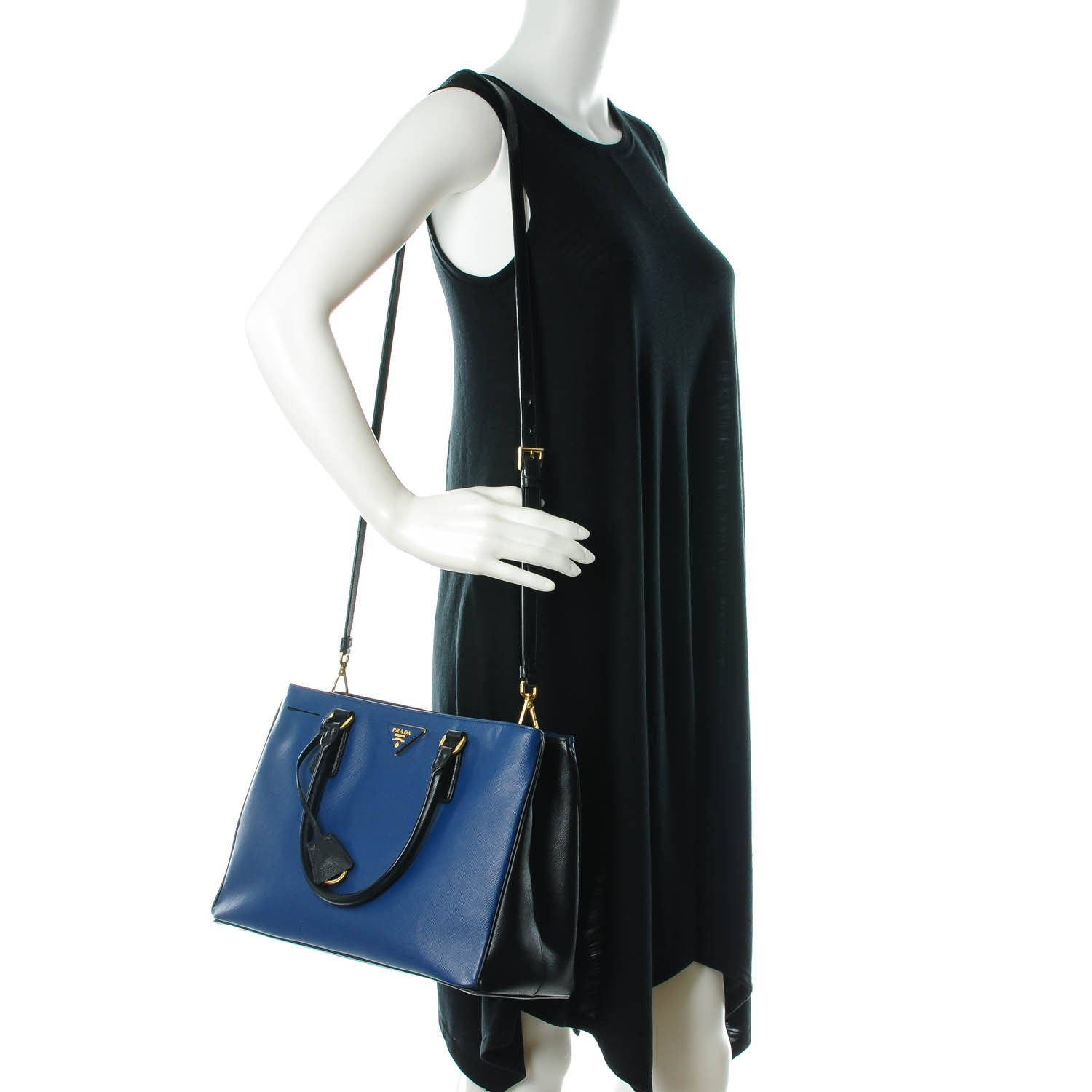 Prada Saffiano Lux Bi-Color Medium Tote Bluette Black 2 of 8
