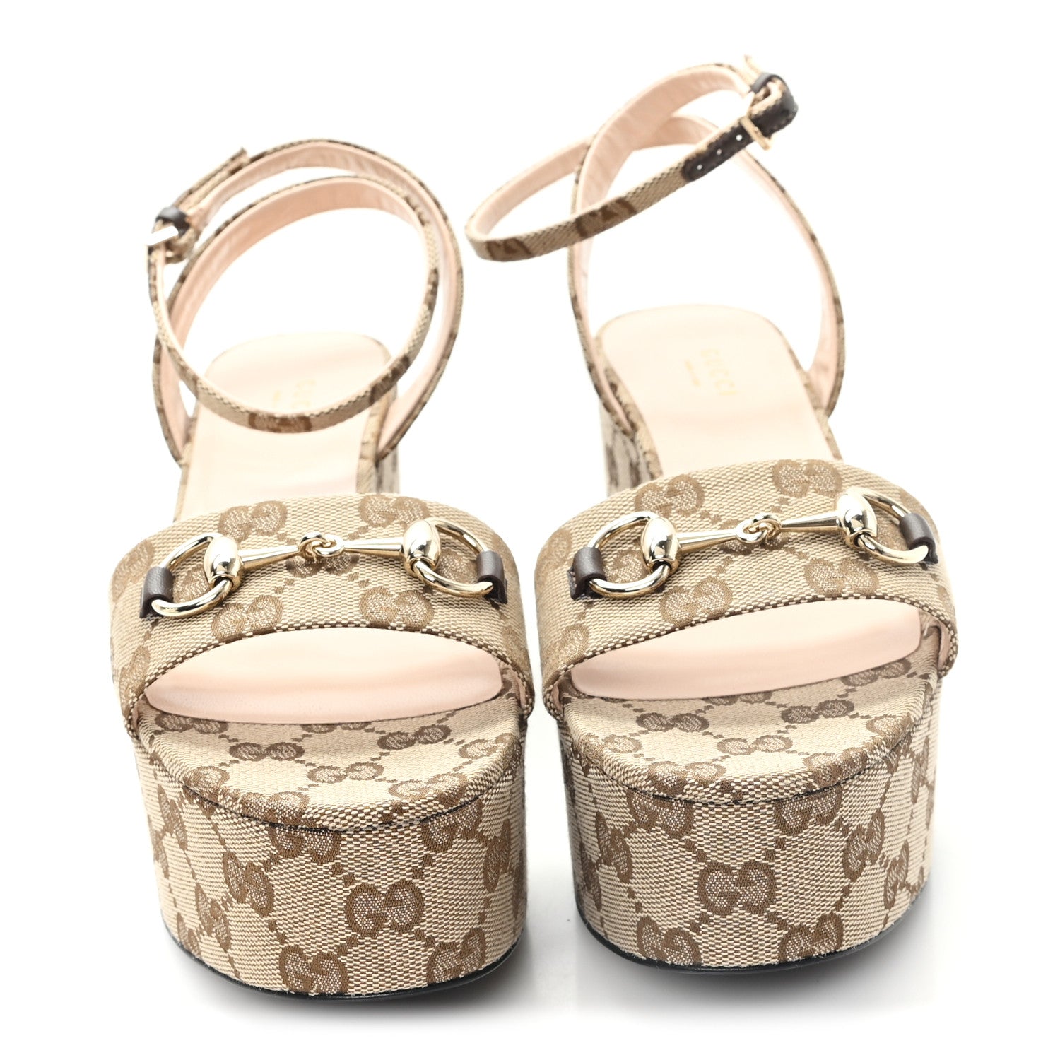 Gucci Monogram Nappa Chalotte Horsebit Ankle Strap 75mm Flatform Sandals 41 Beige Ebony 41 Beige Ebony 3 of 8
