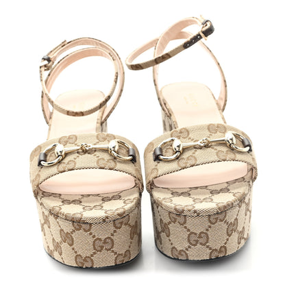Gucci Monogram Nappa Chalotte Horsebit Ankle Strap 75mm Flatform Sandals 41 Beige Ebony 41 Beige Ebony 3 of 8