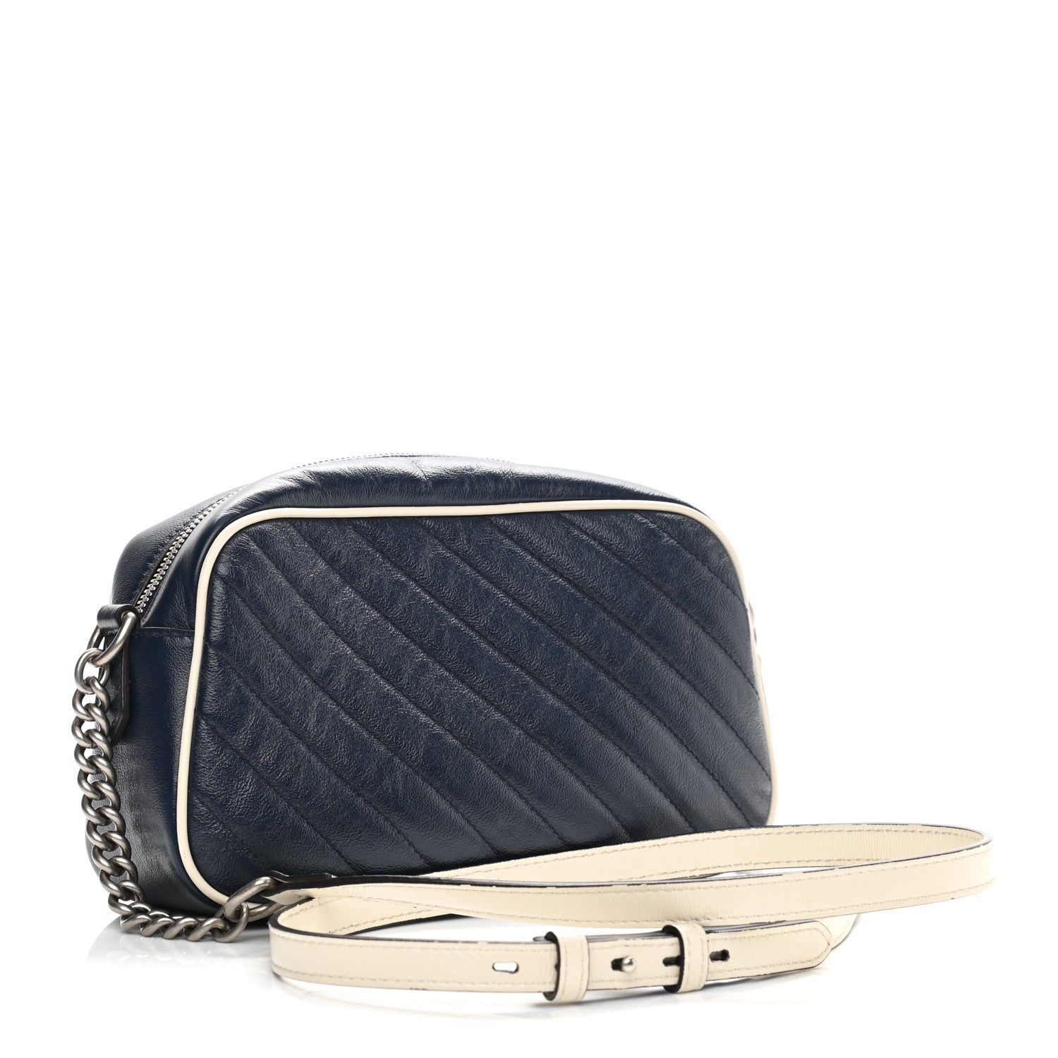Gucci Vintage Effect Calfskin Matelasse Diagonal Small Torchon GG Marmont Chain Shoulder Bag Blue Agata Mystic White 3 of 11