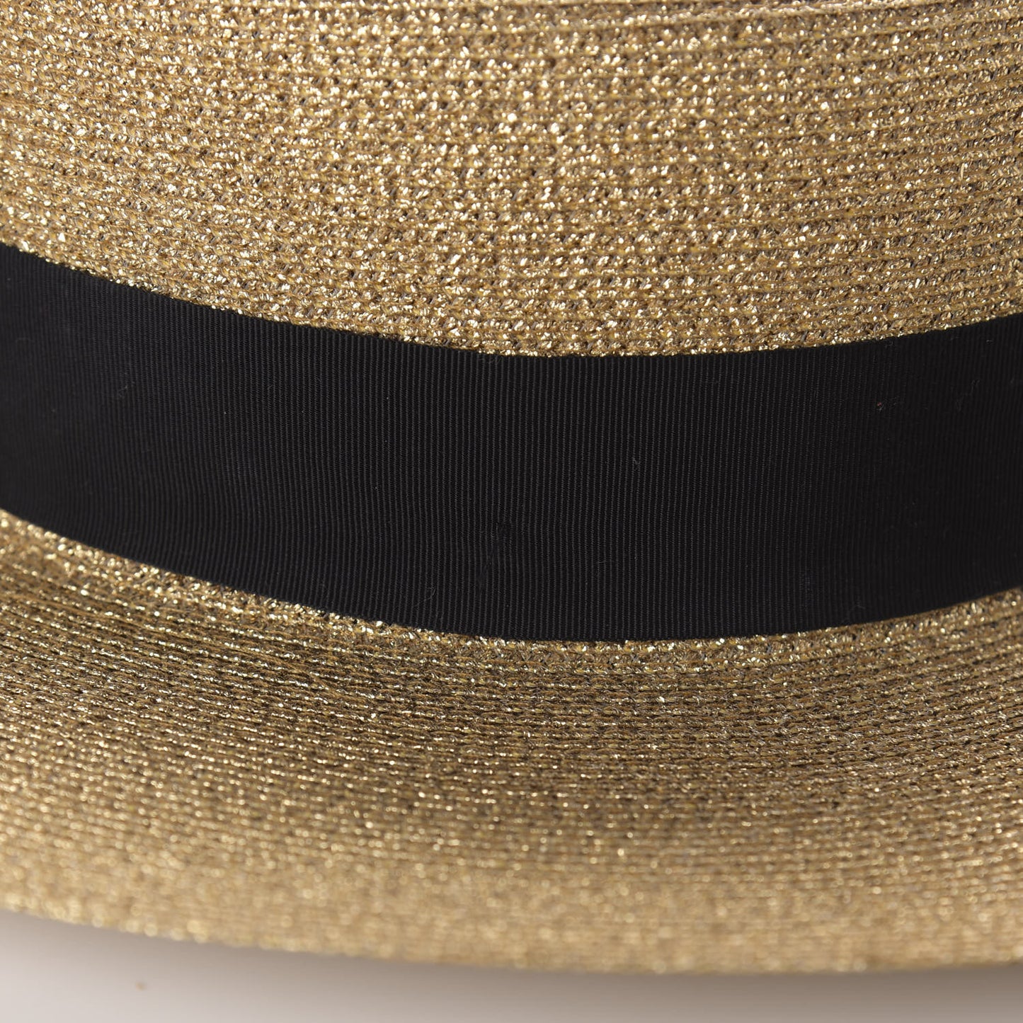 Glittered Straw Grosgrain Wide Brim Hat L Gold Black