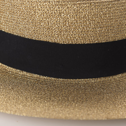 Gucci Glittered Straw Grosgrain Wide Brim Hat L Gold Black 10 of 10