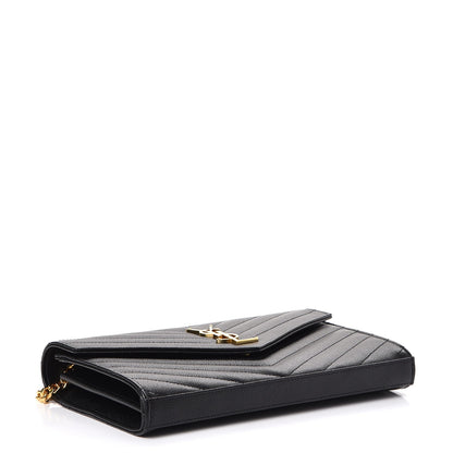 Saint Laurent Grain De Poudre Matelasse Chevron Monogram Chain Wallet Black 4 of 9