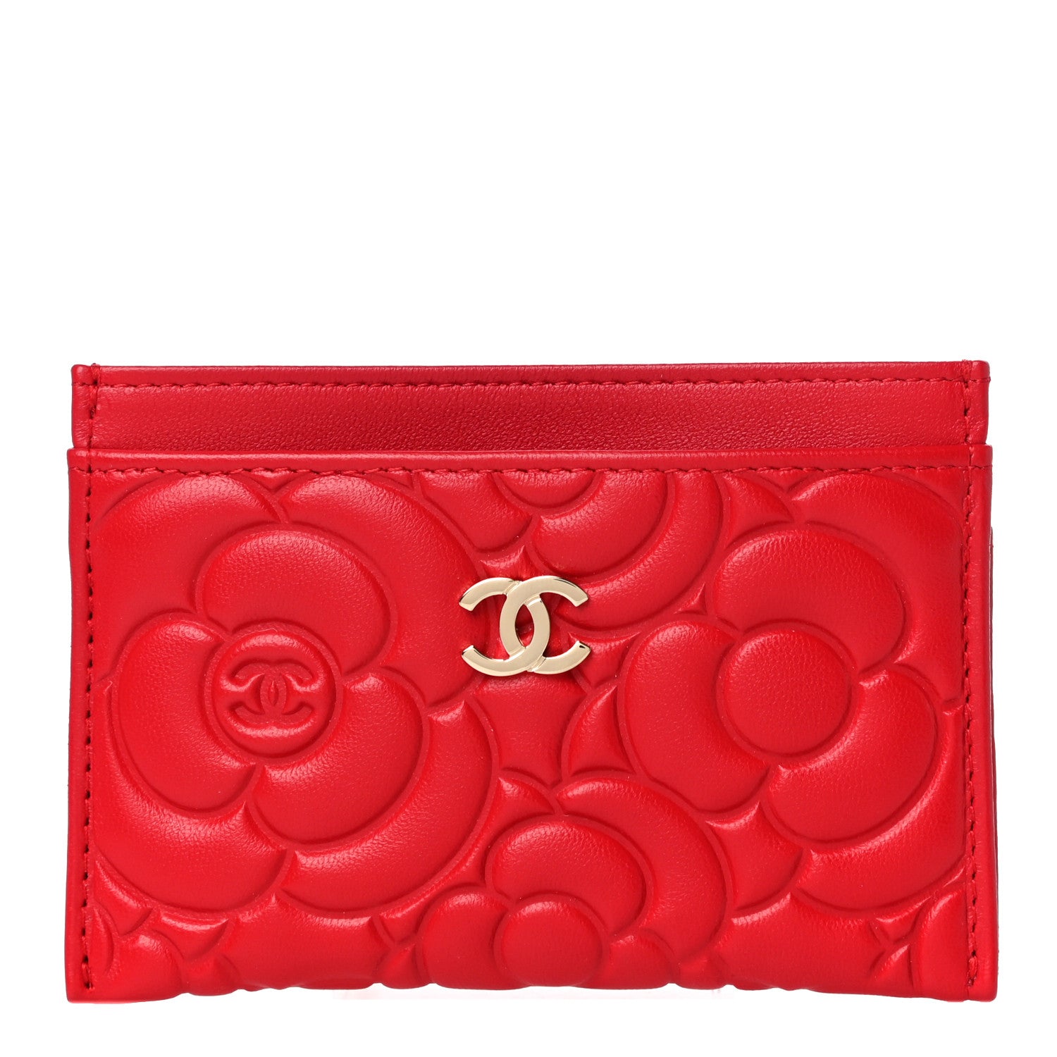 Chanel Lambskin Camellia Embossed Card Holder Red 1 of 12