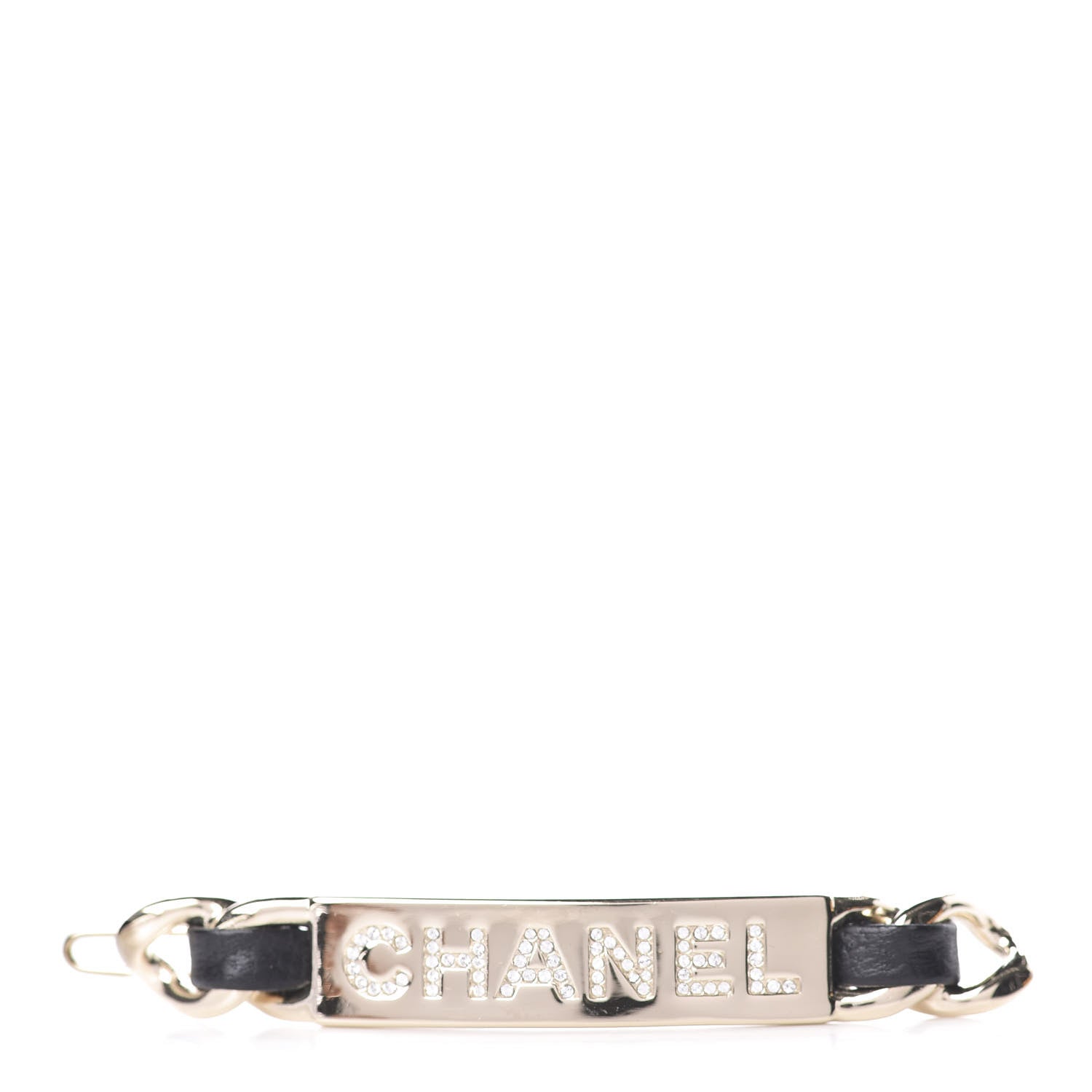Chanel Metal Lambskin Crystal Sergeant Hair Clip Barette Black Gold 1 of 4