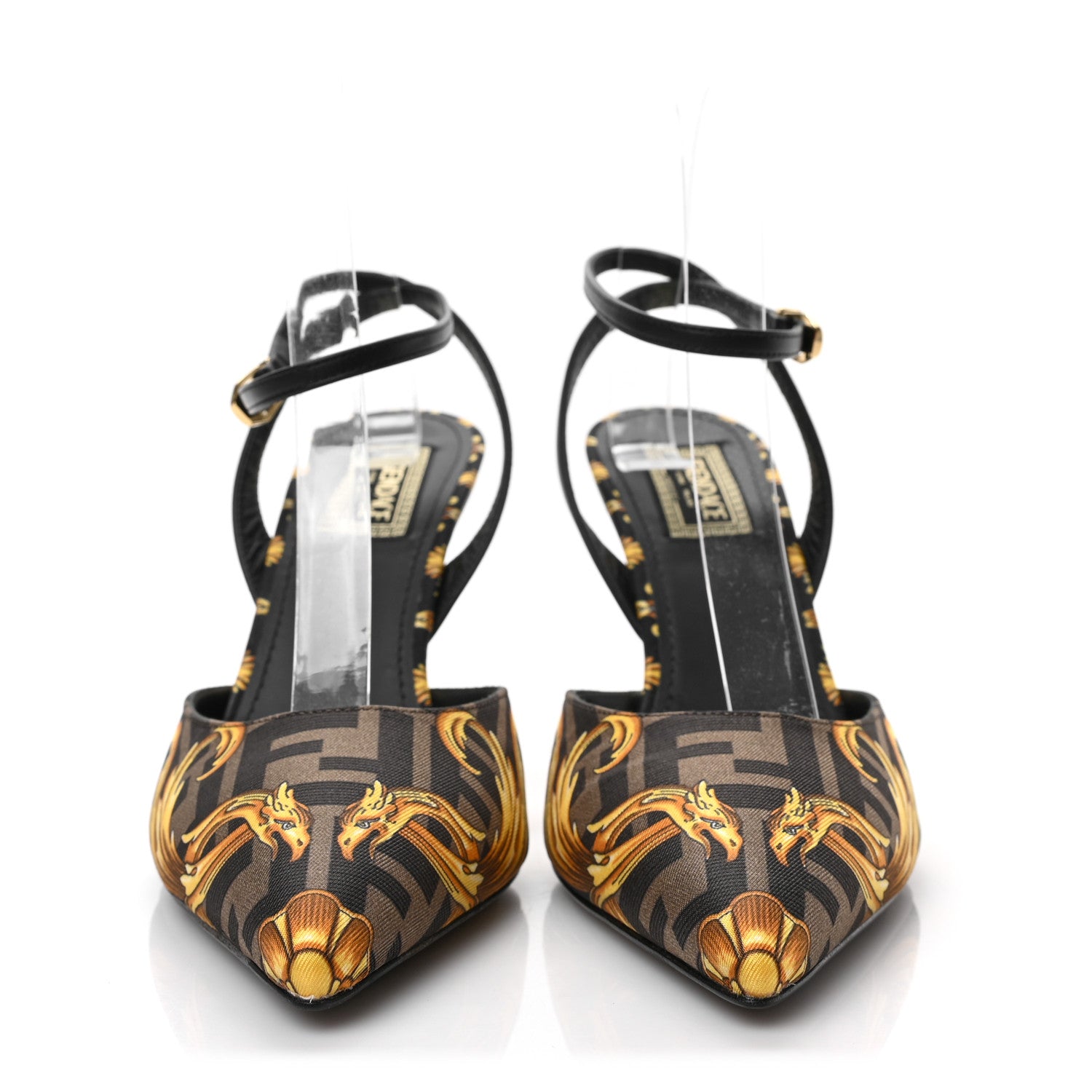 Fendi X VERSACE Silk Calfskin Fendace Fendi First 95mm Slingback Sandals 37.5 Tobacco Black Gold 2 of 7
