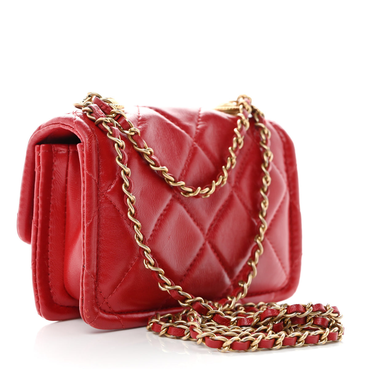 Shiny Lambskin Quilted Extra Mini Flap Red