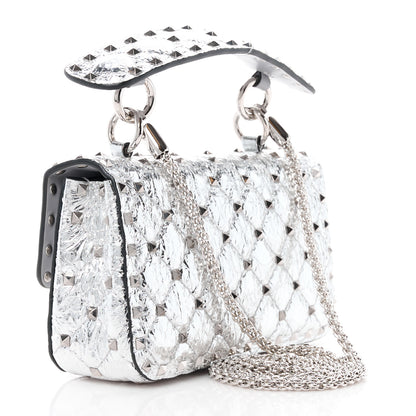 Valentino Garavani VALENTINO GARAVANI Metallic Wrinkled Lambskin Small Rockstud Spike Shoulder Bag Silver 3 of 10