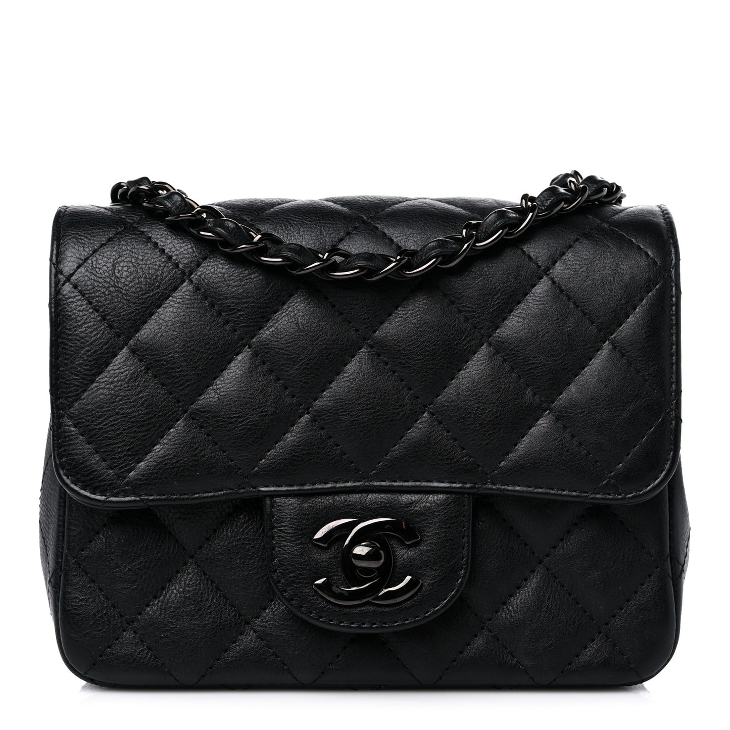 Crumpled Calfskin Quilted Mini Square Flap So Black