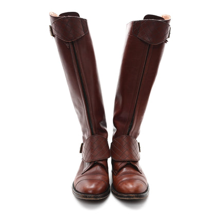 Chanel Calfskin Stitched CC Knee High Buckle Riding Boots 37.5 Brown 2 of 11