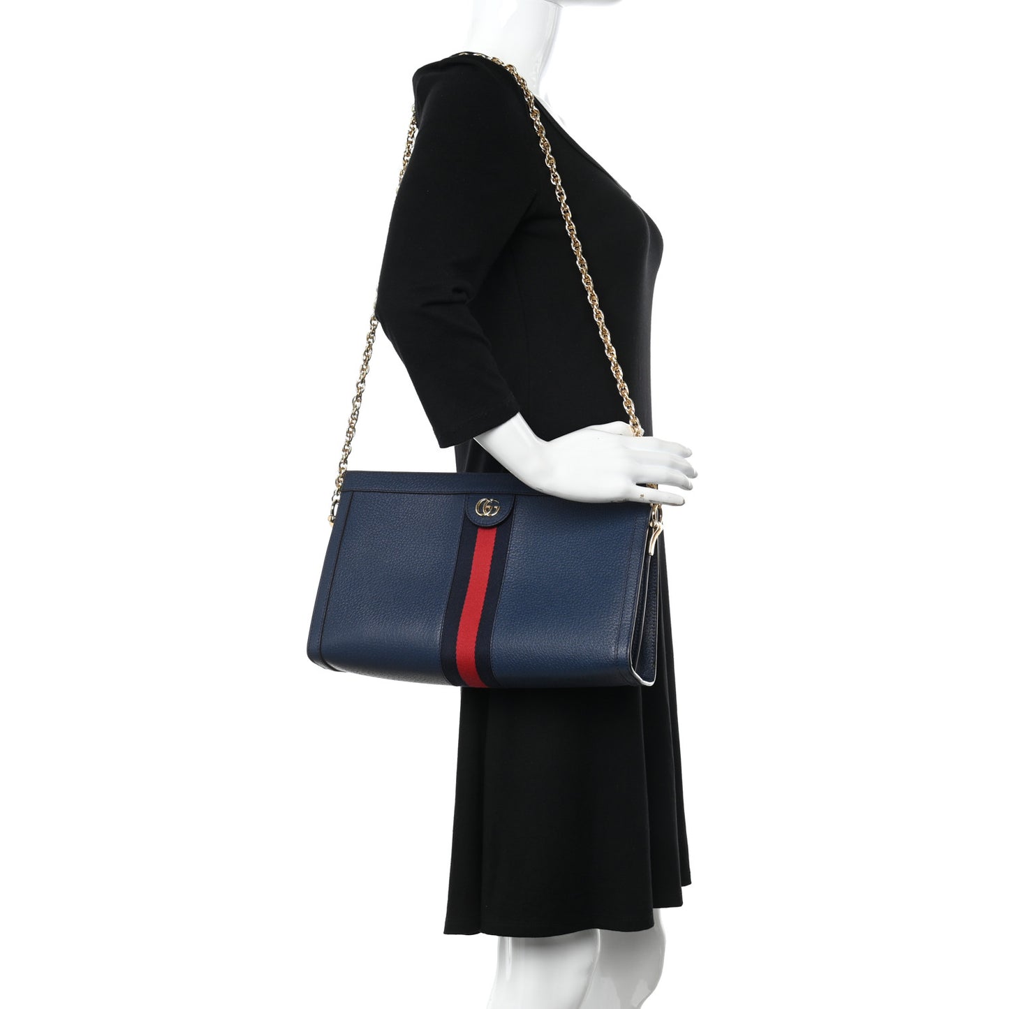 Textured Calfskin Web Medium Ophidia Chain Shoulder Bag Blue Agata