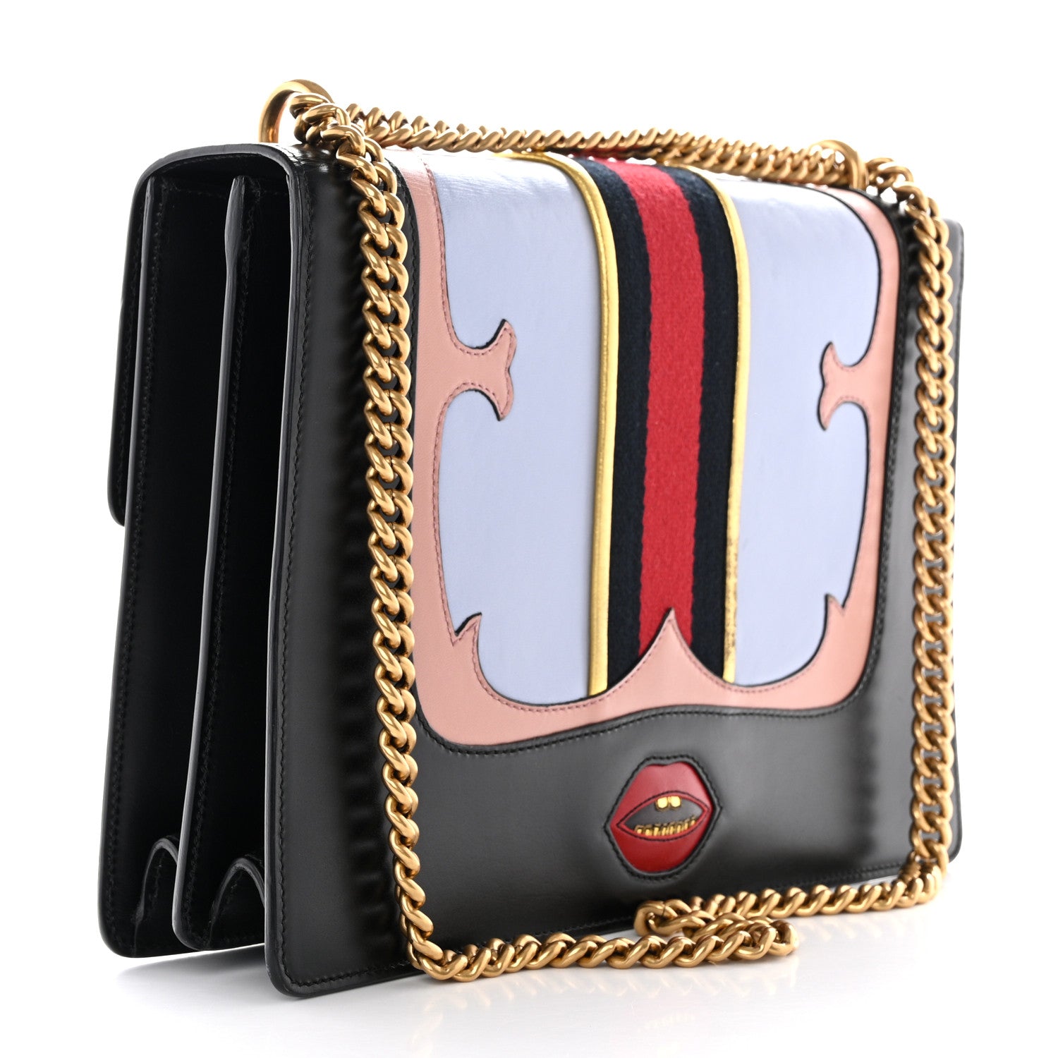Gucci Calfskin Web Heart Medium GG Marmont Chain Handle Bag Black 3 of 10