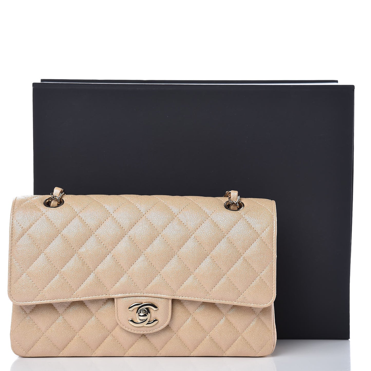 Iridescent Caviar Quilted Medium Double Flap Beige