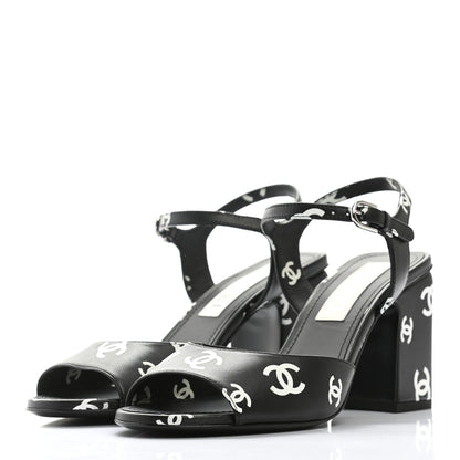 Chanel Lambskin Printed CC Sandals 38 Black White 3 of 9
