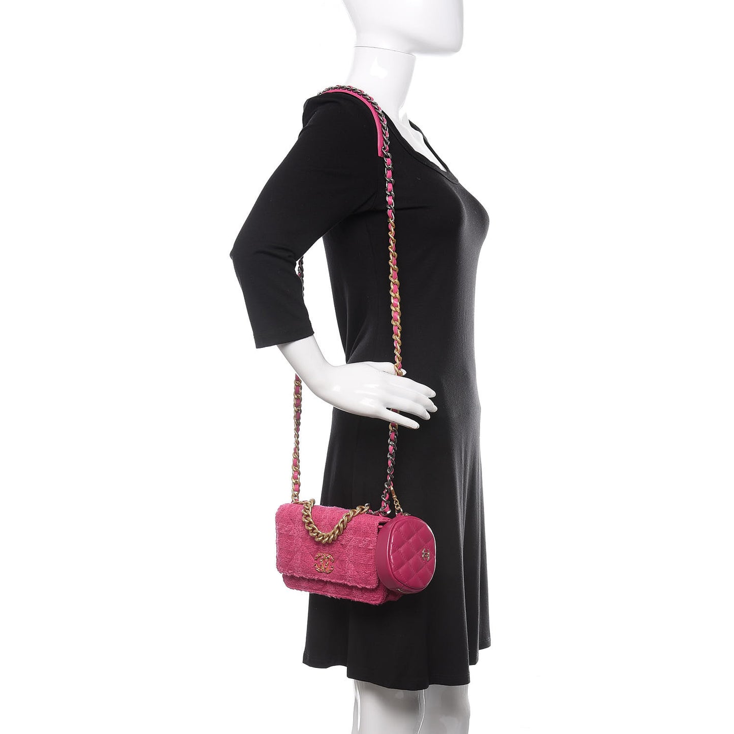 Wool Tweed Lambskin Quilted 19 Wallet On Chain WOC and Coin Purse Fuchsia