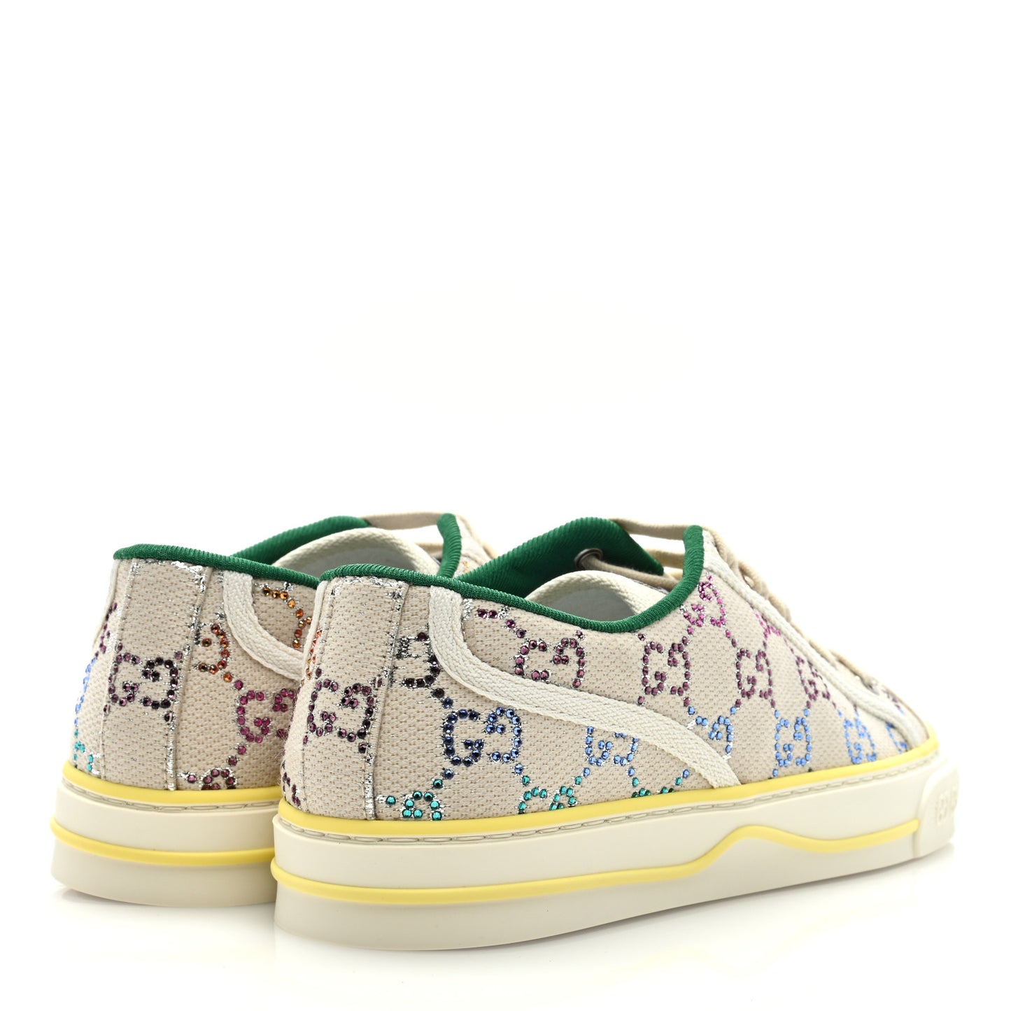 Canvas Lame Crystal GG Monogram Womens 1977 Tennis Sneakers 39.5 Gardenia Silver Mystic White