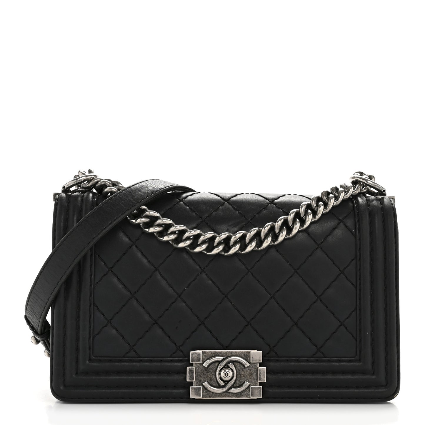 Calfskin Quilted Double Stitch New Medium Boy Flap Black