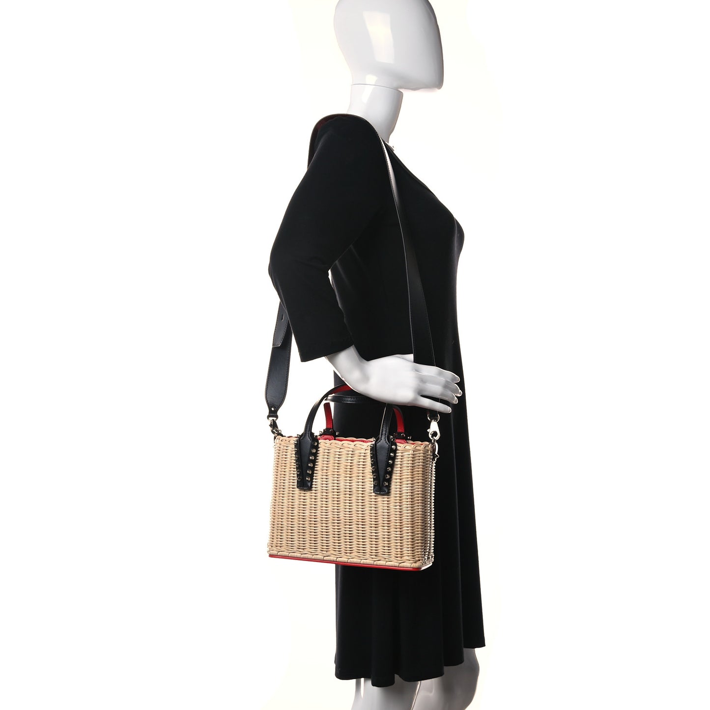 Raffia Calfskin Cabata Mini Spiked Tote Beige