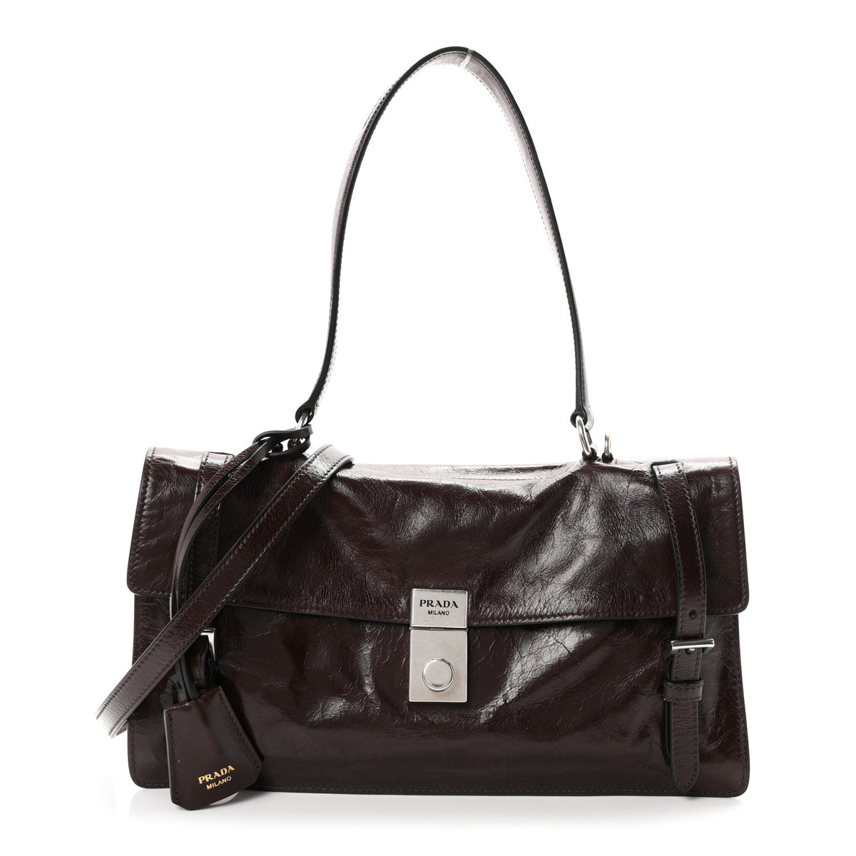 Prada Glossy Calfskin Medium Sound Shoulder Bag Dark Brown 1 of 10