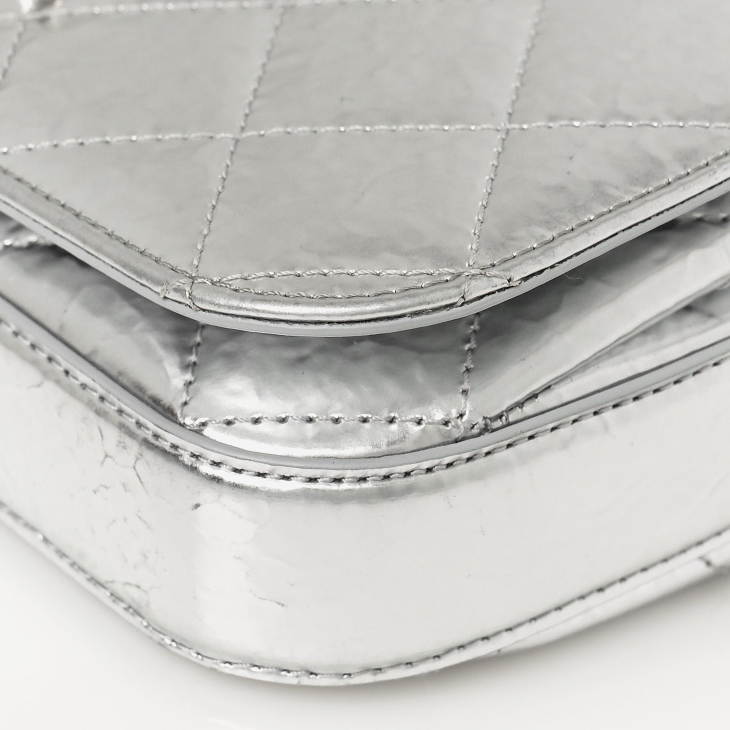 Hammered Metallic Calfskin Quilted Flap Silver