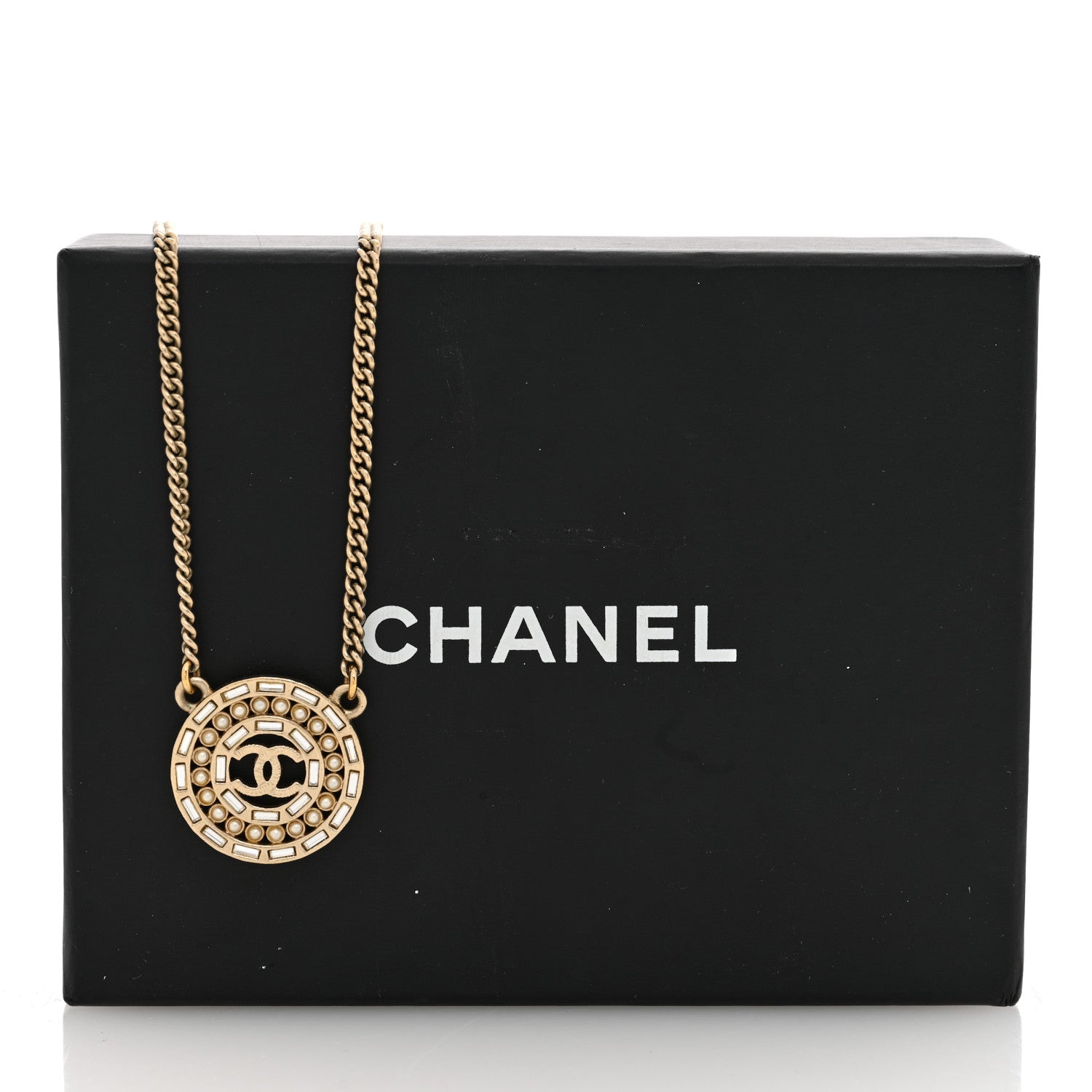 Chanel Pearl Baguette Crystal CC Medallion Necklace Gold 4 of 4