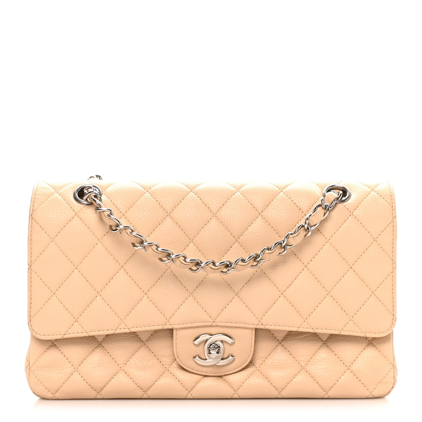 Caviar Quilted Medium Double Flap Beige