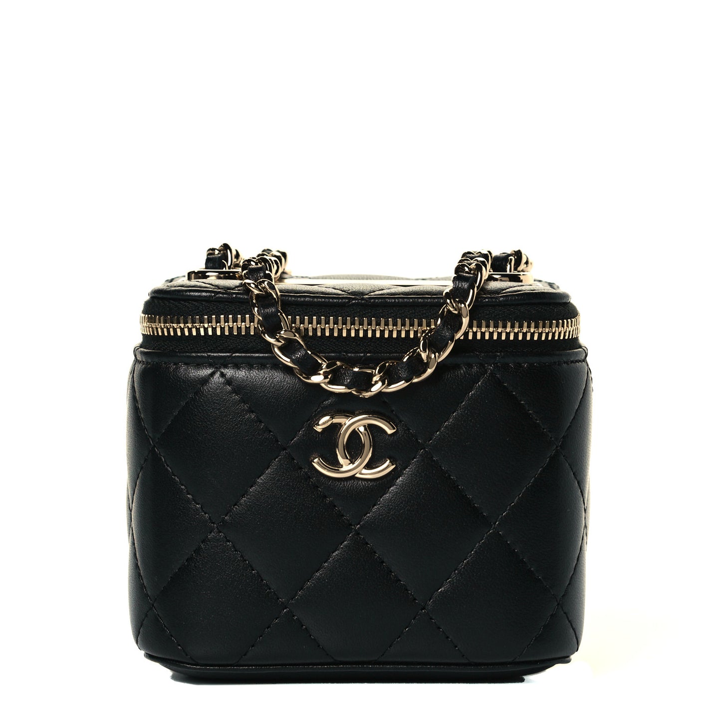 Lambskin Quilted Trendy Mini Vanity Case With Chain Black