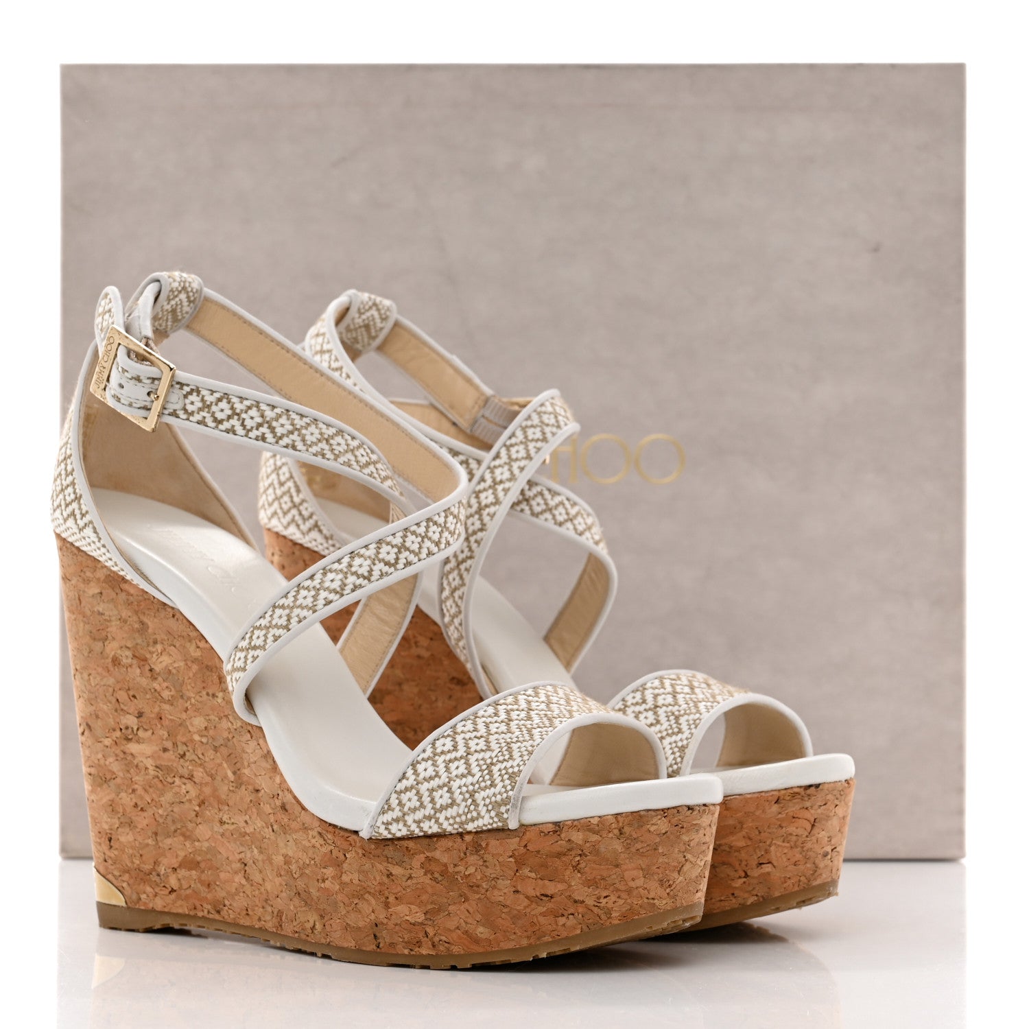 Jimmy Choo Fabric Cork Portia 120 Wedge Sandals 37 White Marble 8 of 8